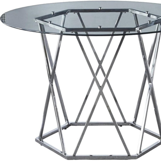 48" Clear And Silver Glass And Metal Trestle Base Round Top Dining Table