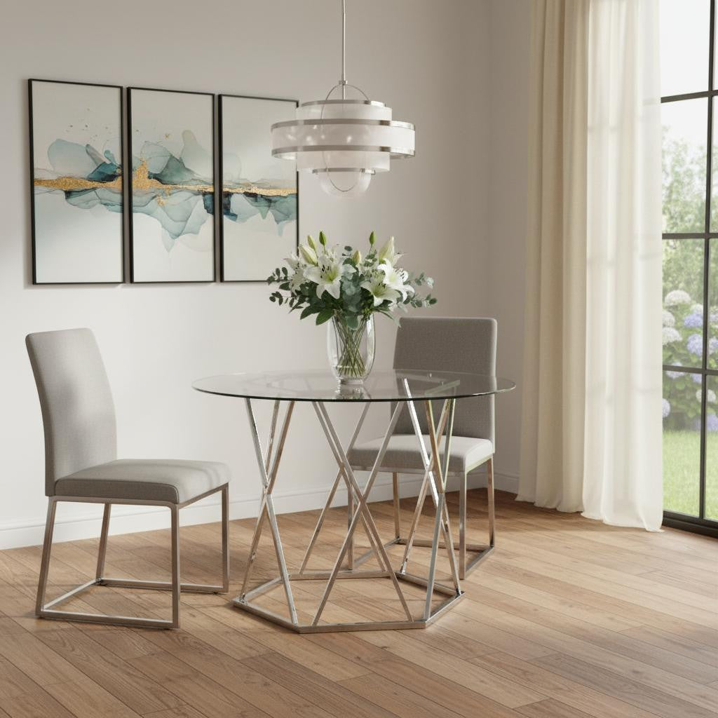 48" Clear And Silver Glass And Metal Trestle Base Round Top Dining Table