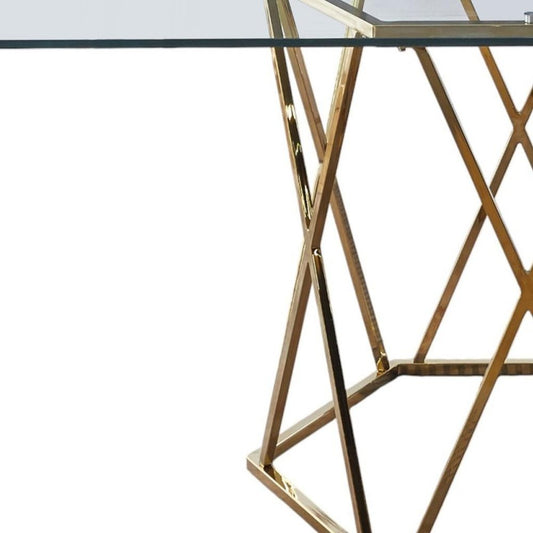 63" Clear and Gold Glass and Metal Geo Pedestal Base Dining Table