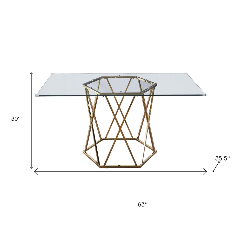 63" Clear and Gold Glass and Metal Geo Pedestal Base Dining Table