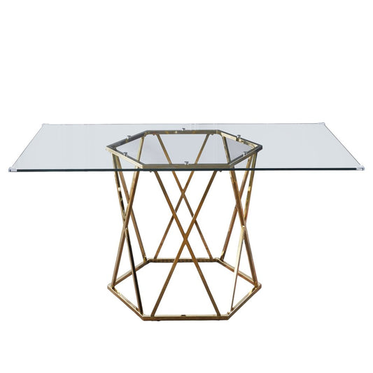 63" Clear and Gold Glass and Metal Geo Pedestal Base Dining Table