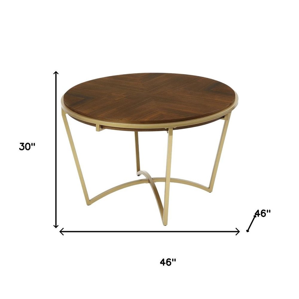 46" Brown And Gold Solid Wood And Metal Trestle Base Round Top Dining Table
