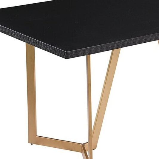 63" Black And Gold Solid Wood And Metal Trestle Base Dining Table