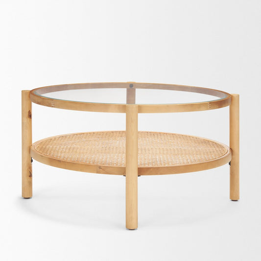 34" Clear and Natural Glass and Solid Wood Round Coffee Table With Shelf