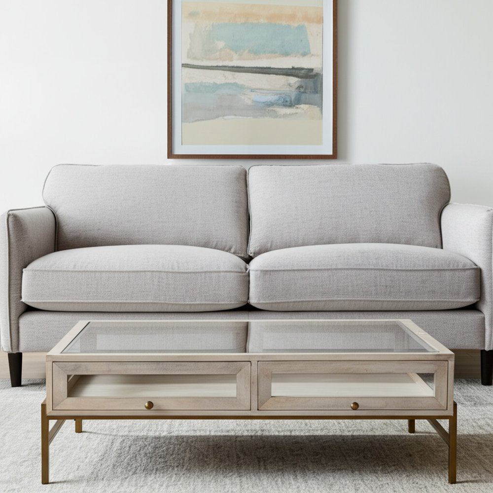 44" Off White Clear And Gold Solid Wood Glass And Iron Storage Coffee Table