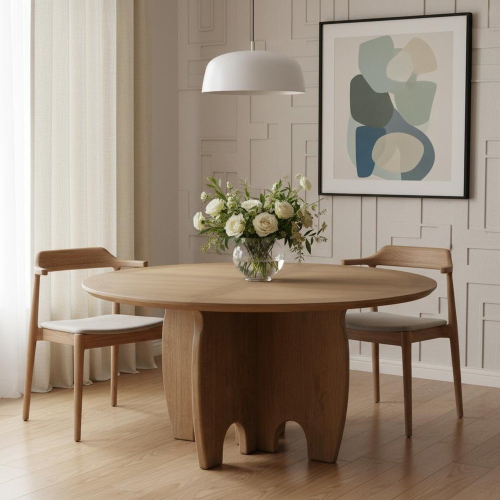 59" Brown Solid Wood Pedestal Base Round Top Dining Table