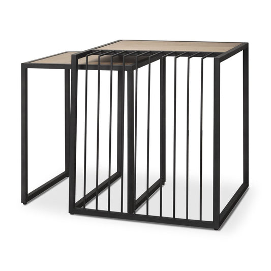 Set of Two Natural and Black Solid Wood and Metal Square Sled Nested Tables