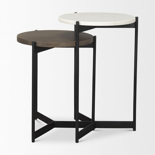 Set of Two Dark Brown and Black Marble Solid Wood and Metal Round Nested Tables