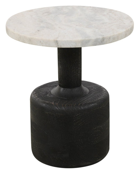 21" White and Black Distressed Marble and Solid Wood Round Pedestal End Table