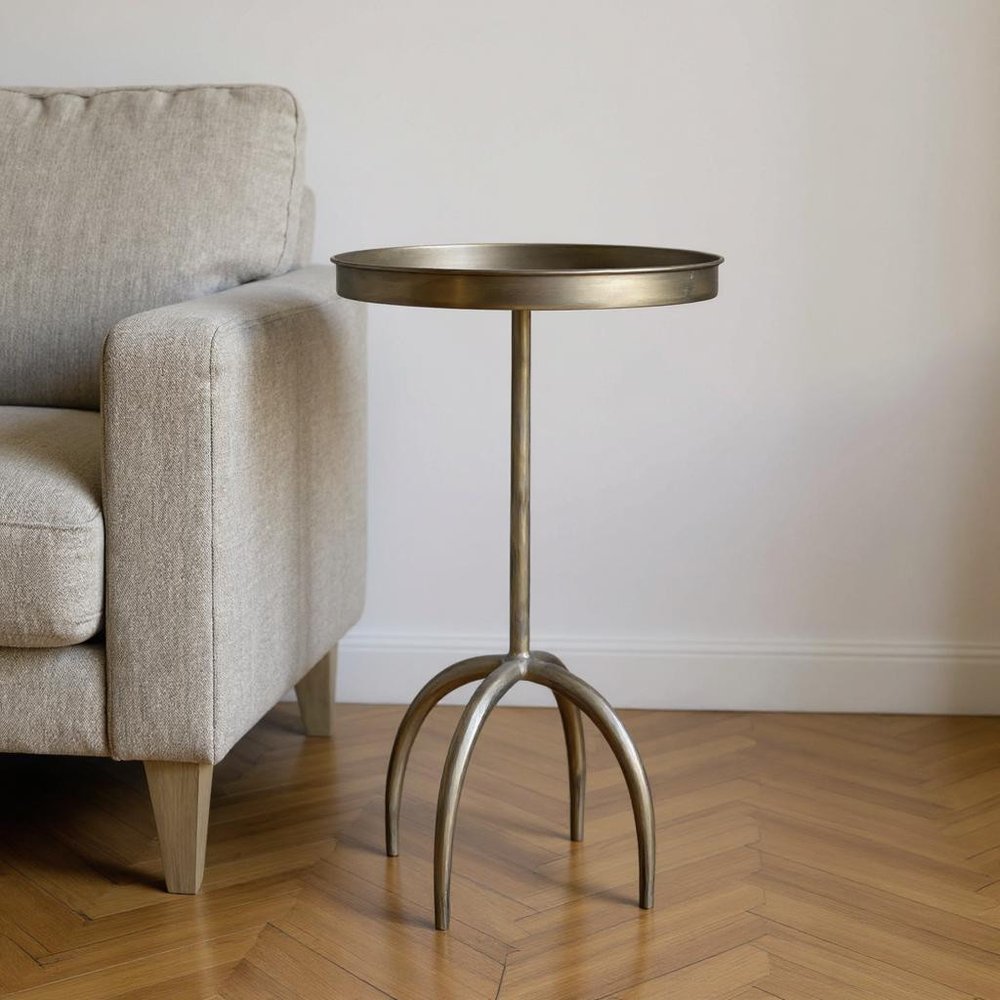 23" Brass Distressed Iron Round Pedestal Tray Top End Table