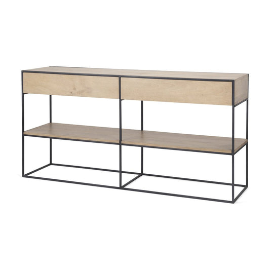 63" Natural and Black Solid Wood and Metal Frame Console Table With Shelf And With Two Drawers