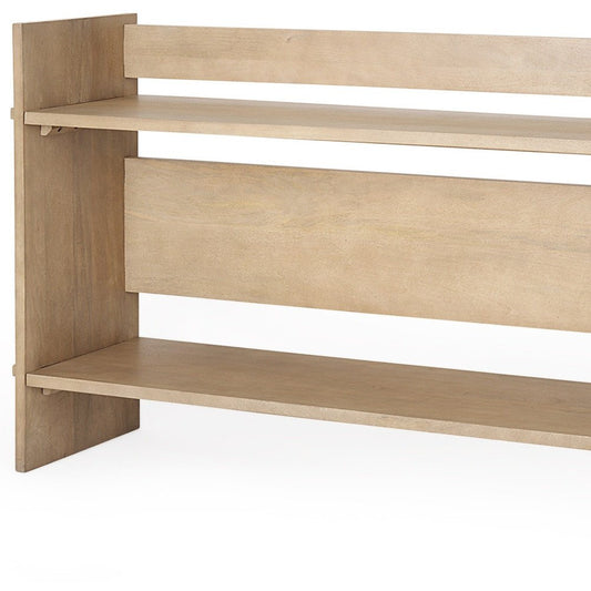 76" Natural and Brown Solid Wood Sled Console Table With Two Shelves