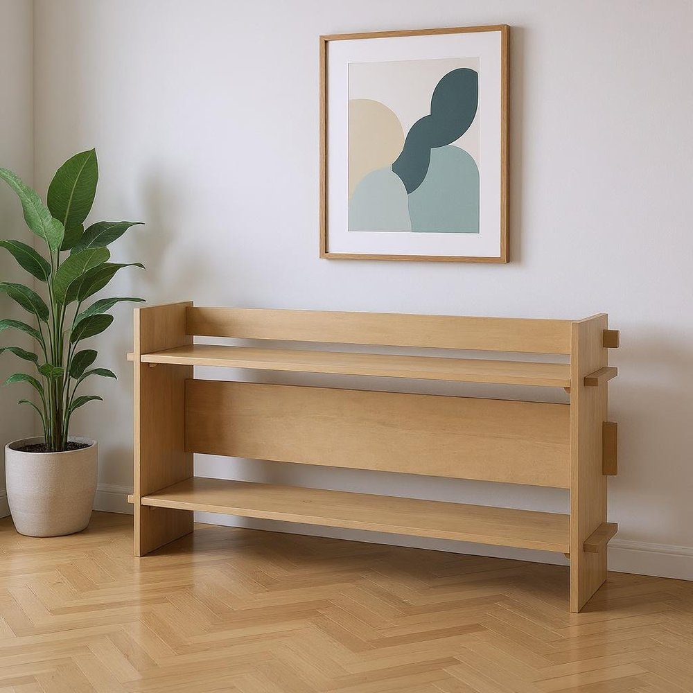 76" Natural and Brown Solid Wood Sled Console Table With Two Shelves