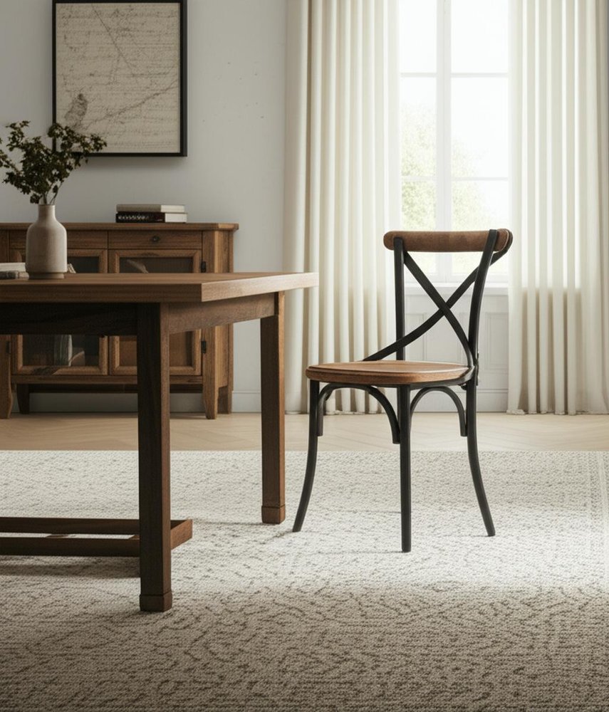 Light Brown and Black Solid Wood And Iron Cross Back Dining Side Chair