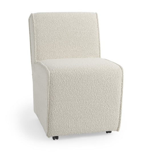 Cream Fully Upholstered Boucle Dining Side Chair With Wheels