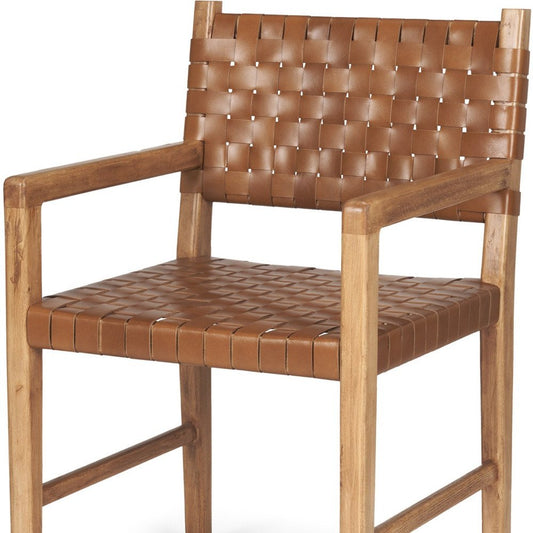 Brown Woven Leather And Solid Wood Dining Arm Chair