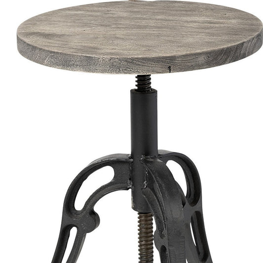 Natural and Black Solid Wood and Iron Backless Adjustable Height Bar Chair