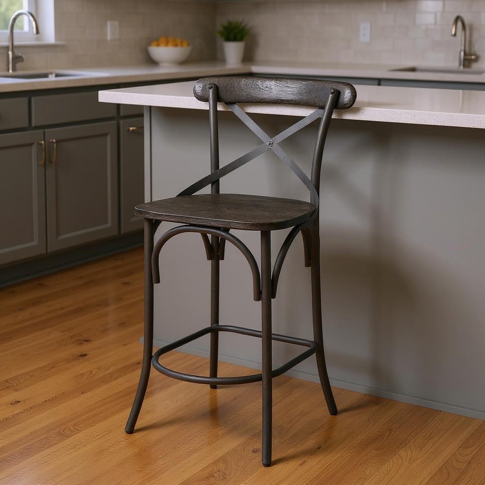 26" Black Solid Wood and Iron Counter Height Bar Chair