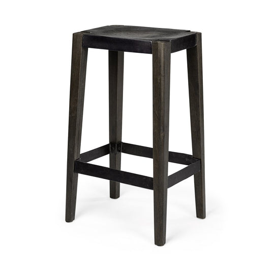30" Black Iron and Solid Wood Backless Bar Height Bar Chair