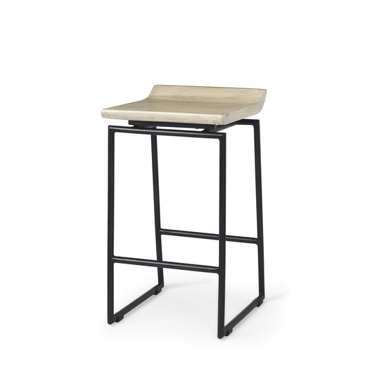 25" Natural And Black Solid Wood And Metal Low Back Counter Height Bar Chair