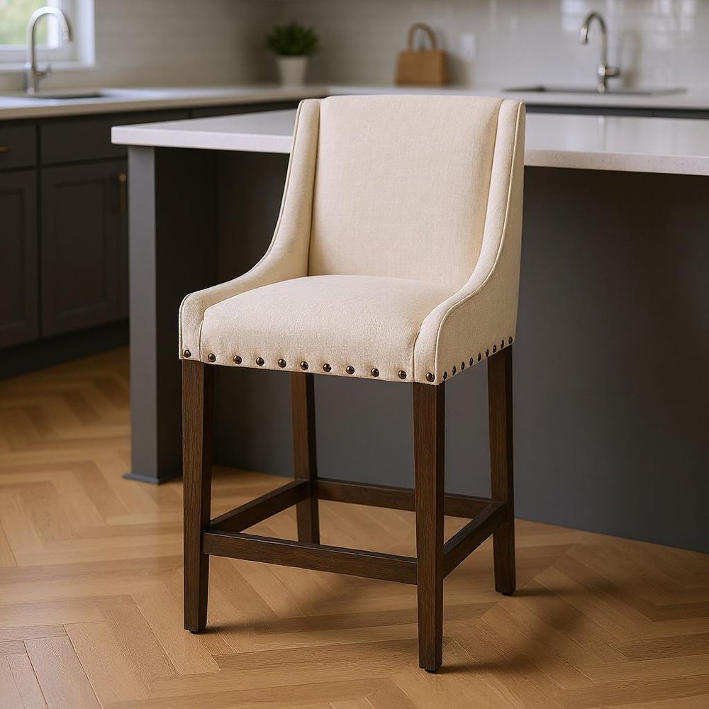 28" Cream and Brown Fabric and Solid Wood Counter Height Bar Chair
