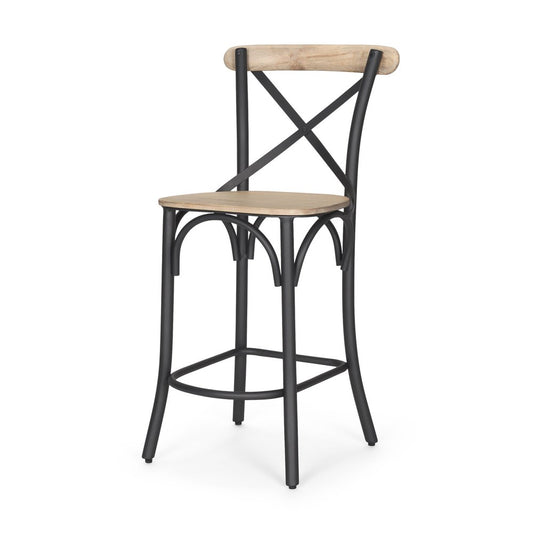 26" Natural And Gray Solid Wood And Iron Counter Height Bar Chair