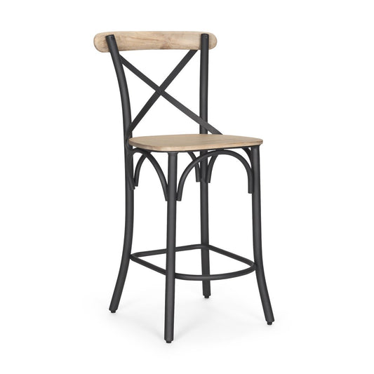 26" Natural And Gray Solid Wood And Iron Counter Height Bar Chair