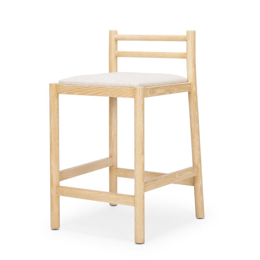 26" Beige And Natural Fabric And Solid Wood Low Back Counter Height Bar Chair