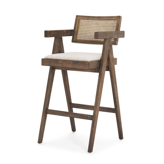 30" Off White and Brown Fabric and Solid Wood Low Back Bar Height Bar Chair