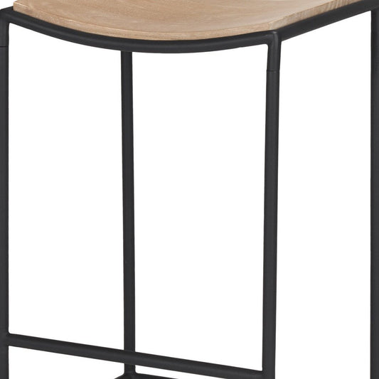 26" Natural And Black Solid Wood And Iron Backless Counter Height Bar Chair