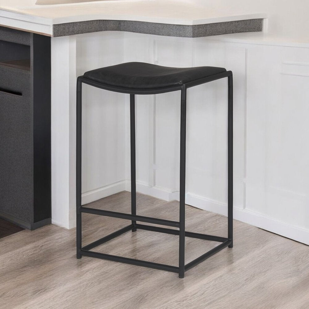 27" Black Genuine Leather And Iron Backless Counter Height Bar Chair
