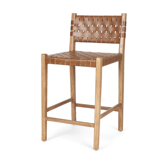 26" Brown and Natural Leather and Solid Wood Low Back Counter Height Bar Chair