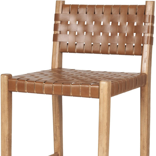 26" Brown and Natural Leather and Solid Wood Low Back Counter Height Bar Chair