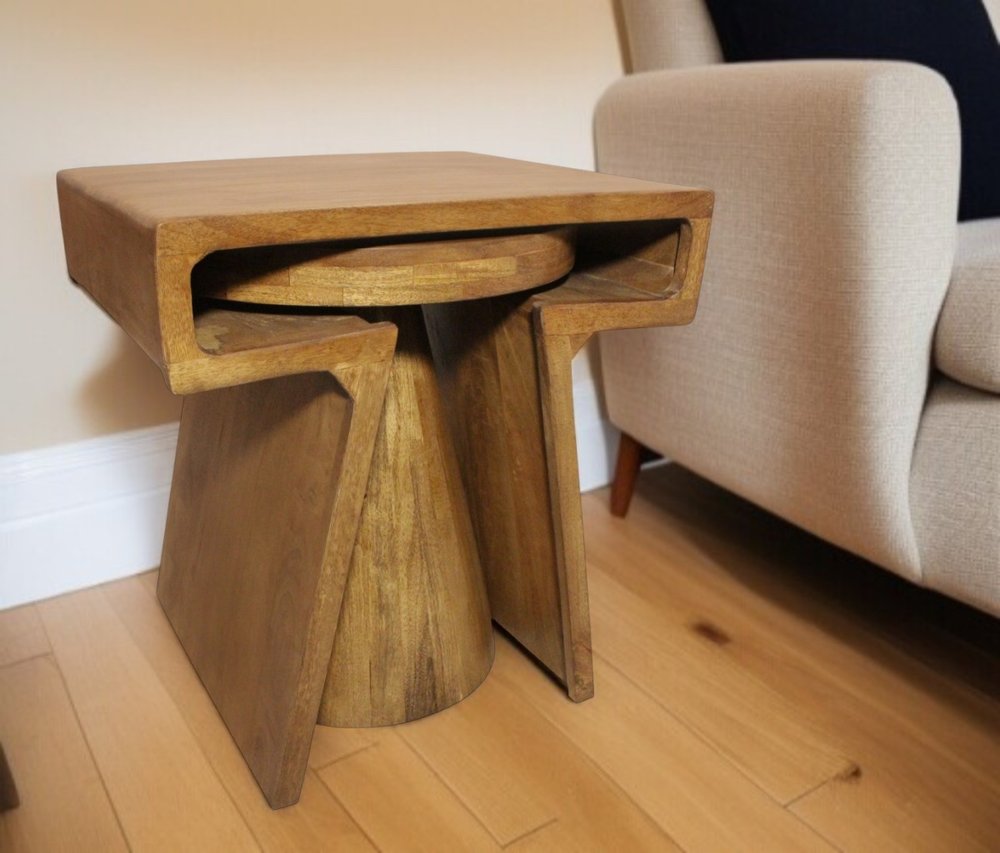 Set of Two Walnut Distressed Solid Wood Pedestal Nested Tables