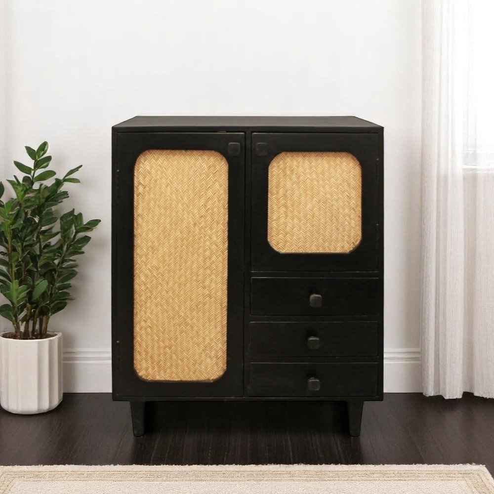 32" Black Distressed Solid Wood Three Drawer Sideboard with Two Doors