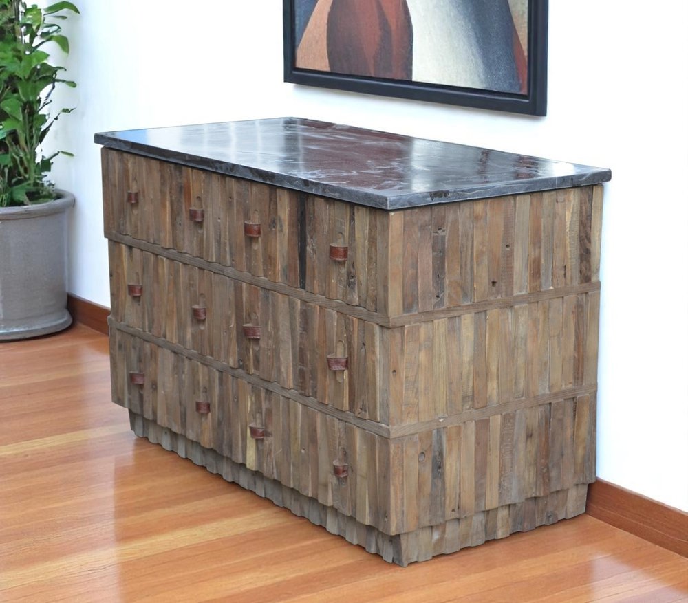 47" Brown Distressed Reclaimed Wood Carved Geometric Six Drawer Buffet Table