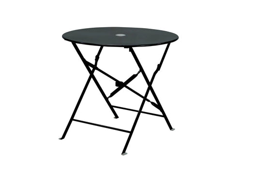 30" Black Rounded Aluminum Folding Outdoor Bistro Table with Umbrella Hole