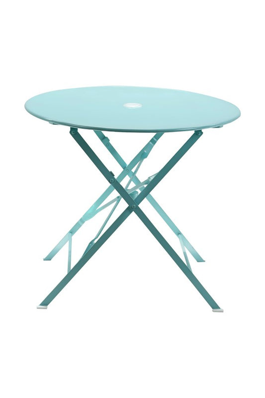 30" Aqua Rounded Aluminum Folding Outdoor Bistro Table with Umbrella Hole