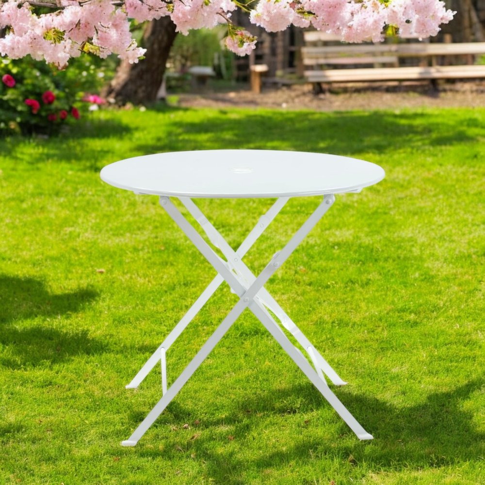 30" White Rounded Aluminum Folding Outdoor Bistro Table with Umbrella Hole