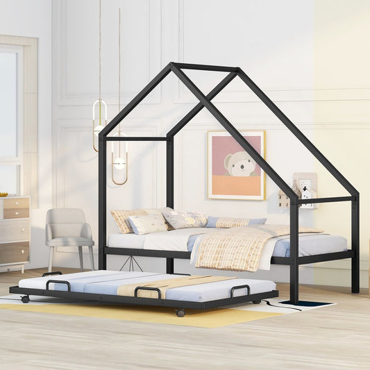 Black Metal Twin Canopy Bed Frame With Trundle