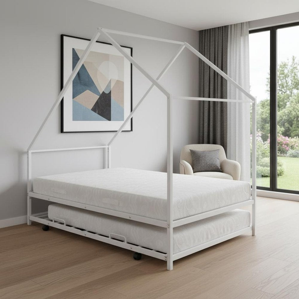 White Metal Twin Canopy Bed Frame With Trundle