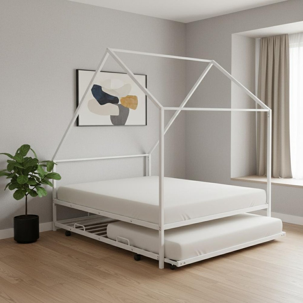 White Metal Twin Canopy Bed Frame With Trundle