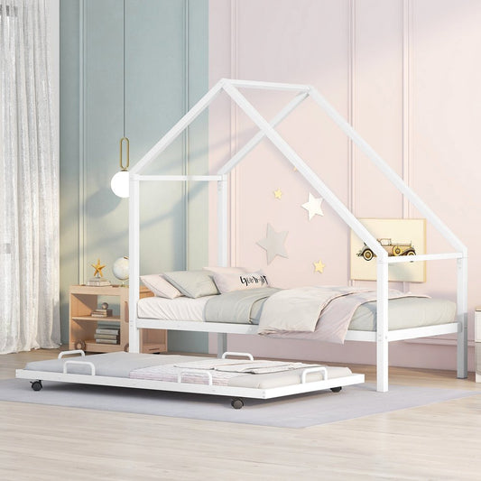 White Metal Twin Canopy Bed Frame With Trundle