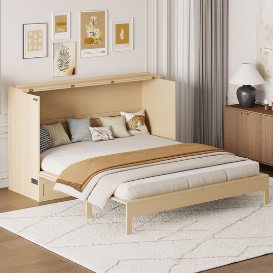 Gold Wood Queen Murphy Bed With Drawers