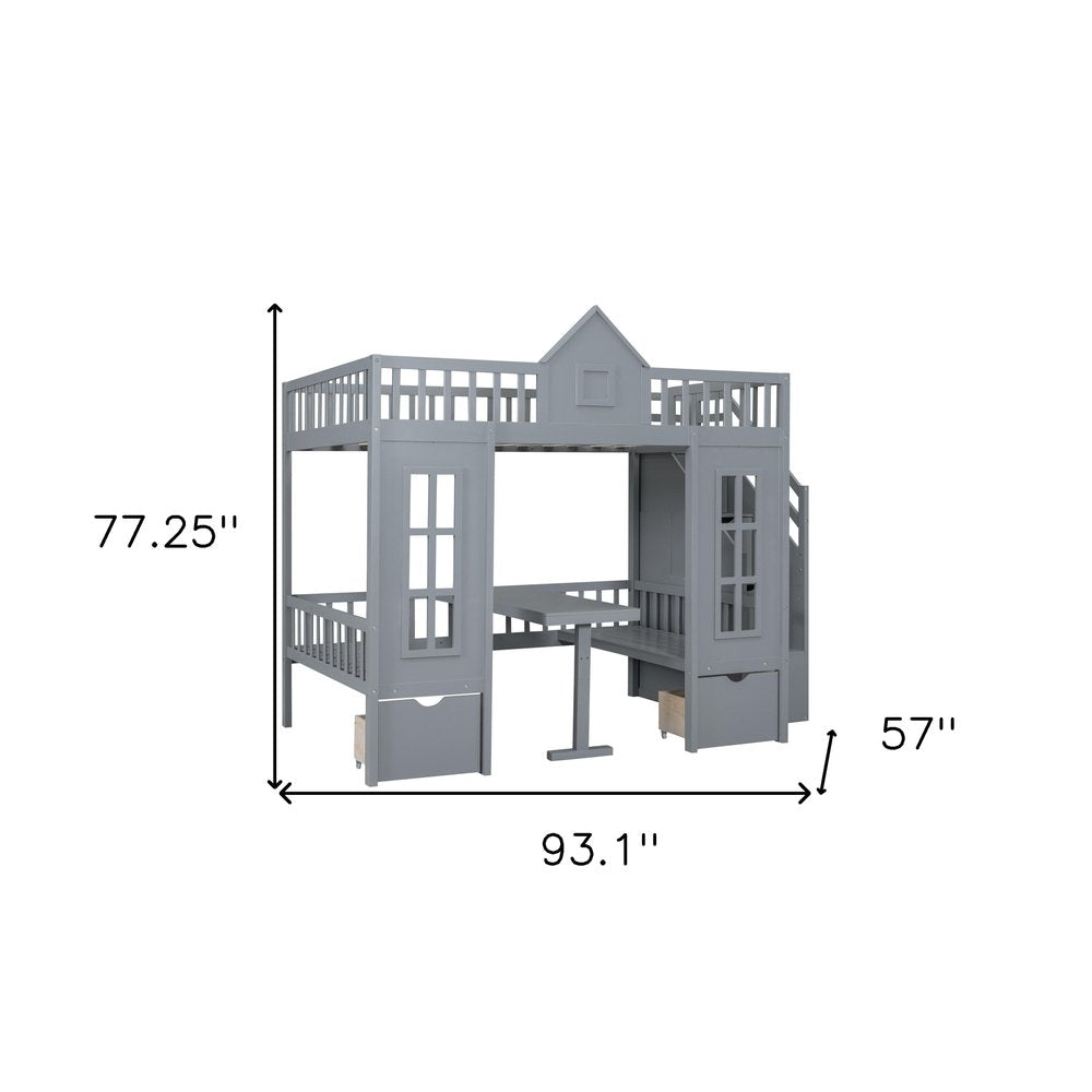 Gray Full Over Full Dollhouse Solid Wood Bunk Bed With Stairs And Desk And Storage
