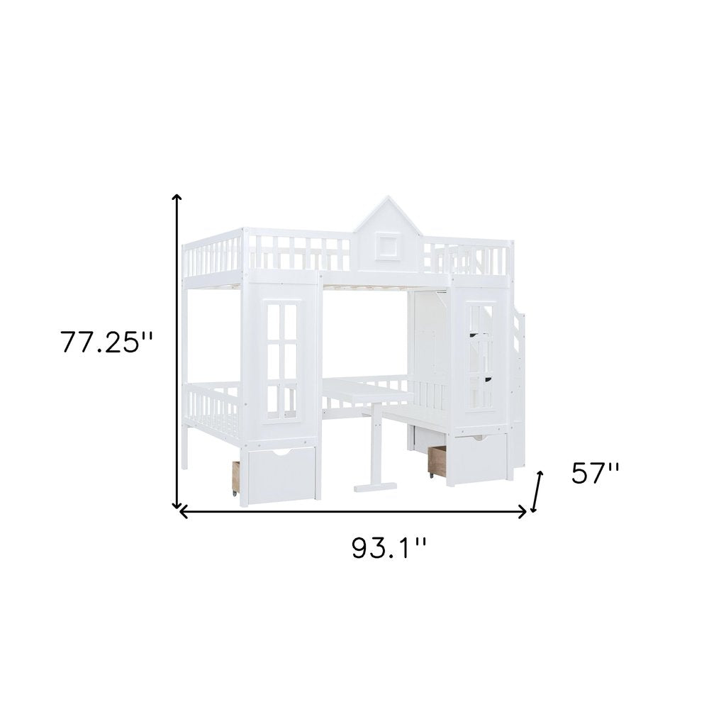 White Full Over Full Dollhouse Solid Wood Bunk Bed With Stairs And Desk And Drawers And Storage