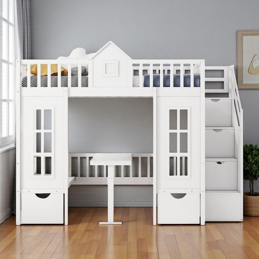 White Full Over Full Dollhouse Solid Wood Bunk Bed With Stairs And Desk And Drawers And Storage