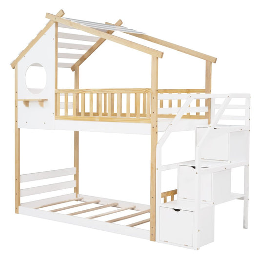 White Twin Over Twin Solid Wood Bunk Bed With Stairs And Storage