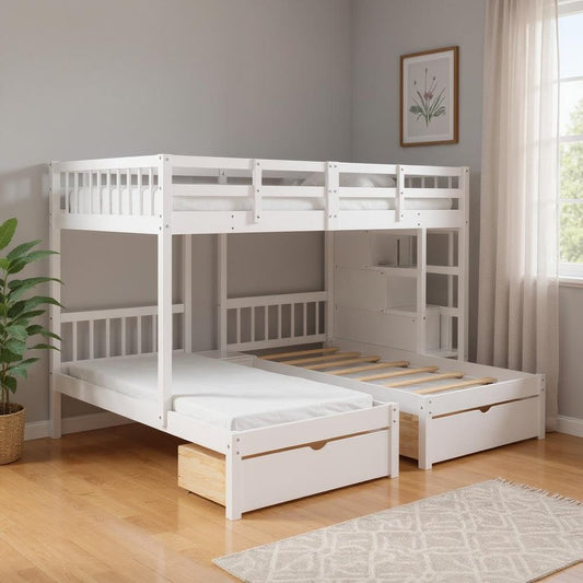 White Full Over Two Twins Solid Wood Bunk Bed With Stairs And Drawers And Storage