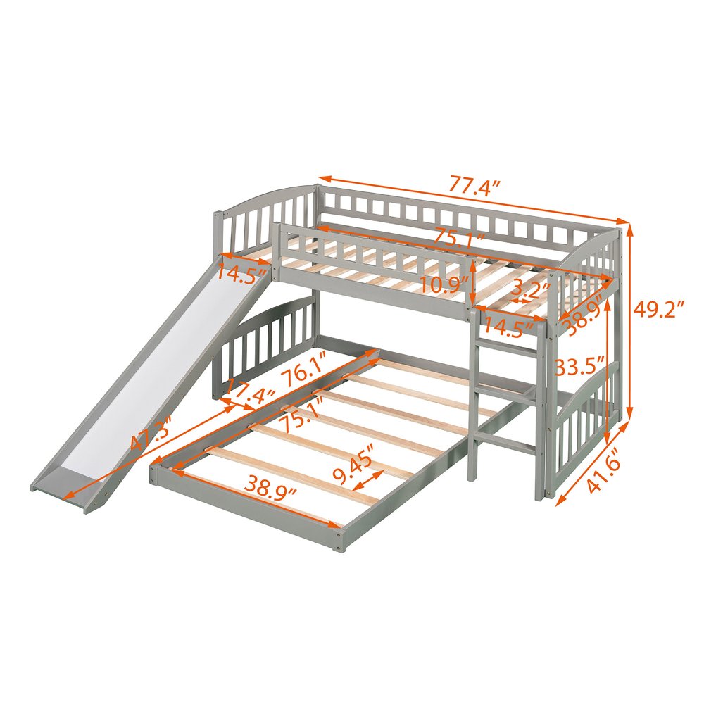 Gray Twin Over Twin Princess Solid Wood Bunk Bed With Slide